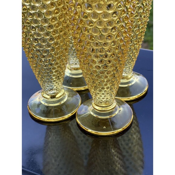 4‎ L.E. Smith Hobnail 8oz Glasses Footed Pedestal Wine Parfait Yellow Gold Amber - Picture 6 of 13
